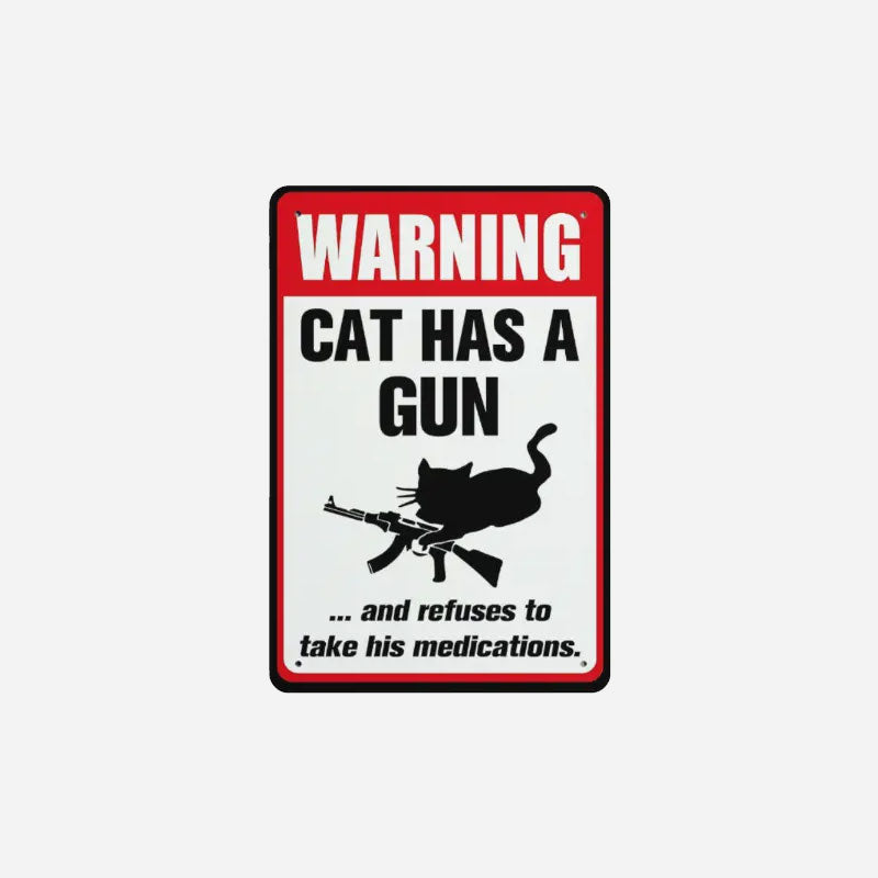 🐕Advarsel: Skilt med en hund og en katt som holder en pistol