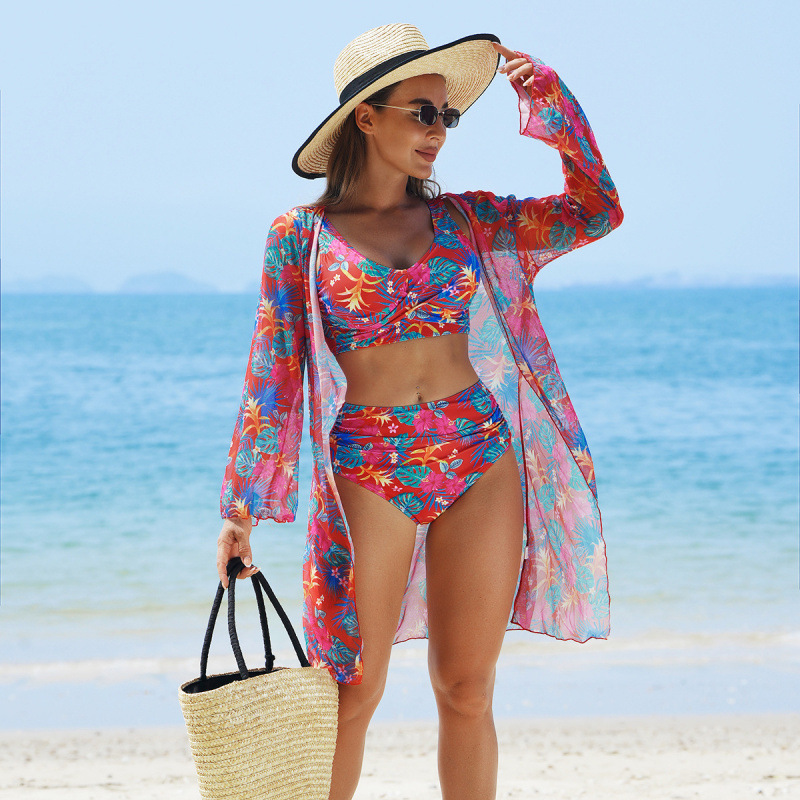 Modieus, meerkleurig 3-delig bikini-zwempak voor dames met print/Modieus meerkleurig bedrukt 3-delig bikinibadpak voor vrouwen