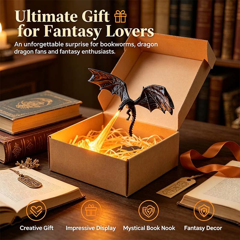 🐲🔥3D-printet opplyst drageflammebokkrok – Mystisk fantasibokhylledekor