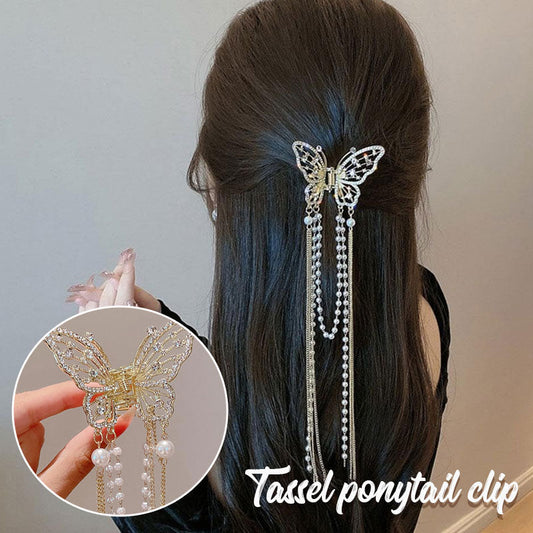 🦋✨ Glitterende Vlinder Haarclip met Kwastjes & Kralen