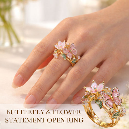 🌹🦋Åpen ring med sommerfugl og blomster – En nydelig og glitrende emaljering
