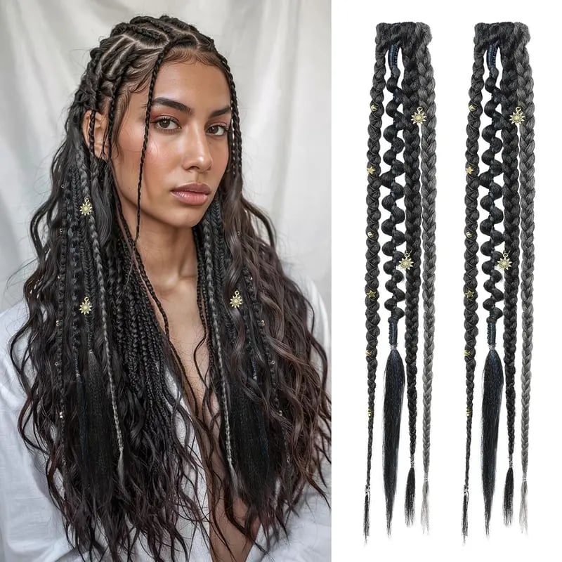 🌿🎨 Boho-flettede clip-in-fletter med perler – Enkel forvandling av frisyren til festivaler og hverdagsbruk (✨2 stk.)