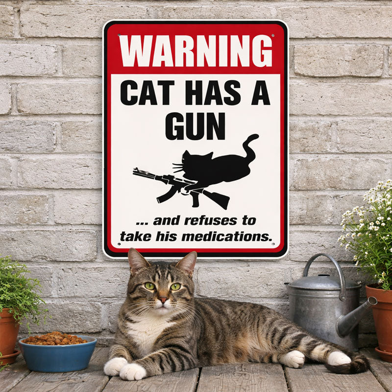 🐕Advarsel: Skilt med en hund og en katt som holder en pistol