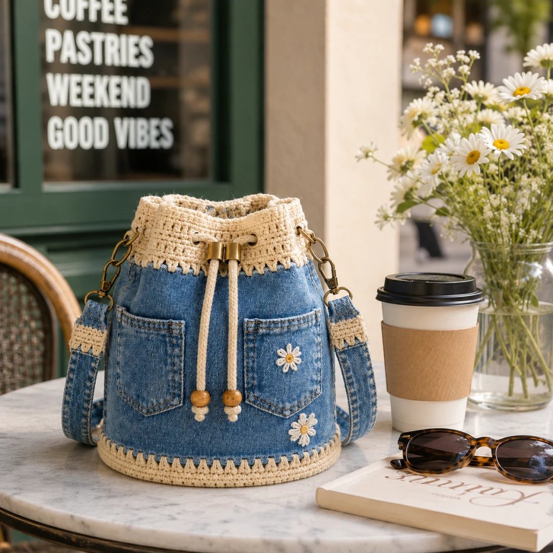 🔥Heit salg! 50 % rabatt!✨👜Håndlaget heklet denim-bøtteveske