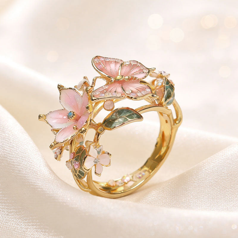 🌹🦋Åpen ring med sommerfugl og blomster – En nydelig og glitrende emaljering
