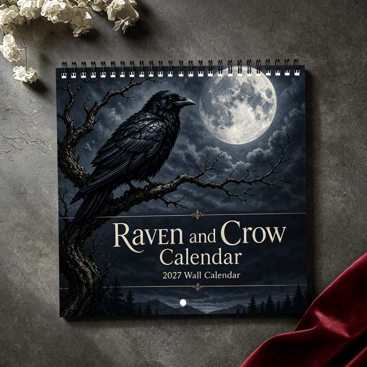 🐦‍⬛Veggkalender for 2027 med ravner og kråker – 12 måneder med gotisk kunst i måneskinn🖤