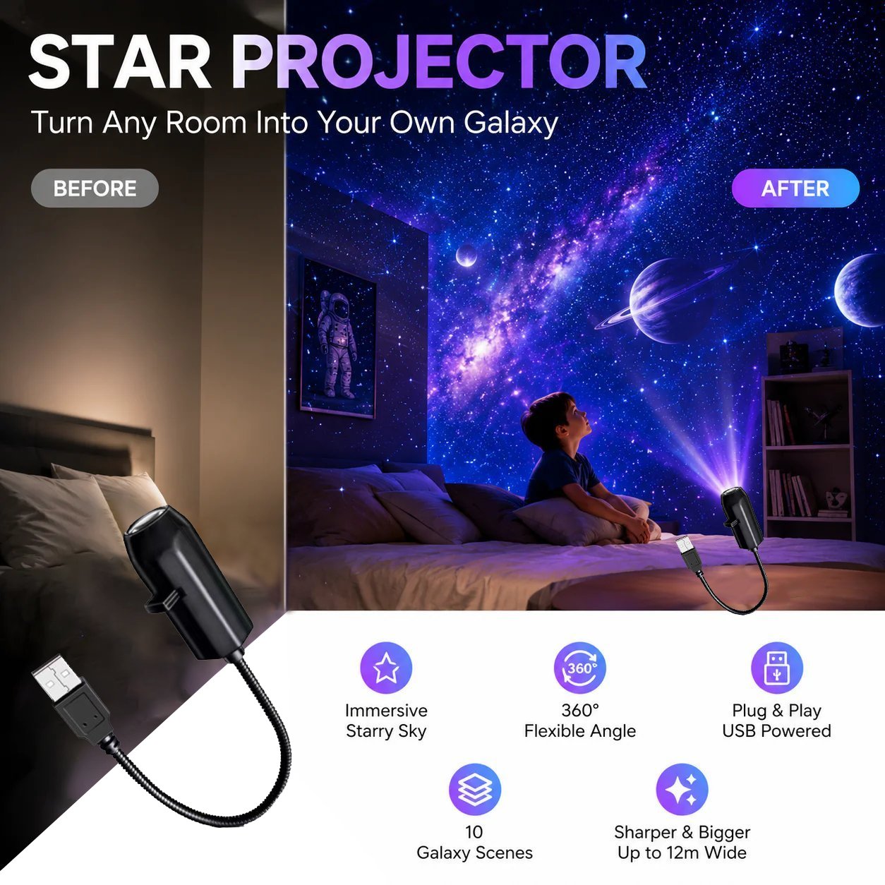 ✨Plug-and-play HD-stjernehimmelprojektor. 10 galakse-sommerfugl- og havmotiver