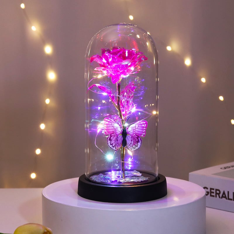 🔥Siste dag 49 % rabatt – 🌹Evig sommerfuglrose i glasskuppel med LED-belysning✨