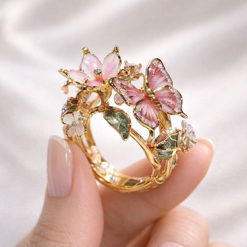 🌹🦋Åpen ring med sommerfugl og blomster – En nydelig og glitrende emaljering