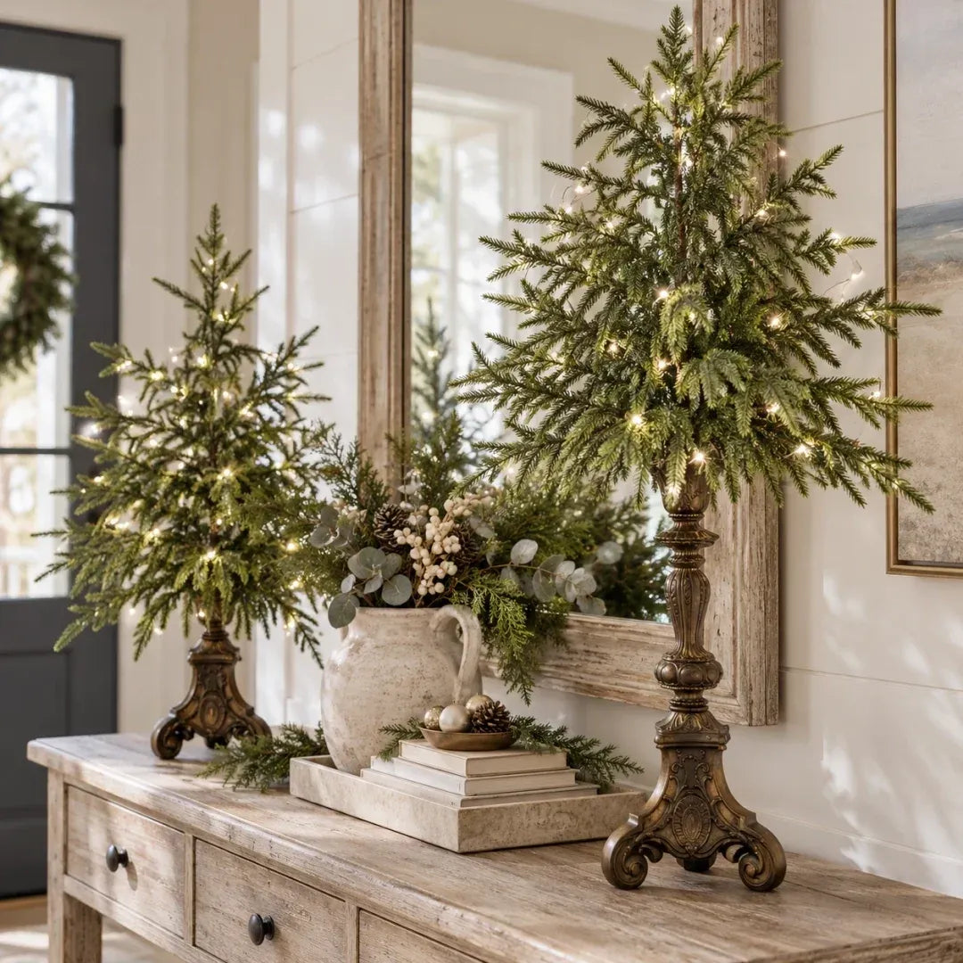 🌲✨Opplyste Norfolk-furu-trær i vintagestil