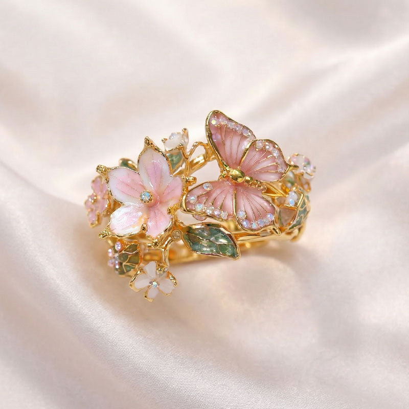 🌹🦋Åpen ring med sommerfugl og blomster – En nydelig og glitrende emaljering