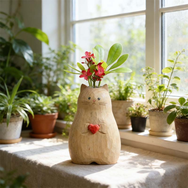 Tykk kattevase med hjerte – Søtt harpiksdekor for katteelskere 🐱❤️