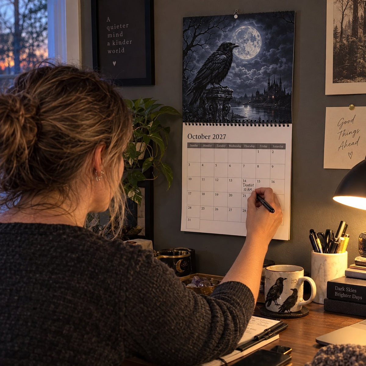 🐦‍⬛Veggkalender for 2027 med ravner og kråker – 12 måneder med gotisk kunst i måneskinn🖤