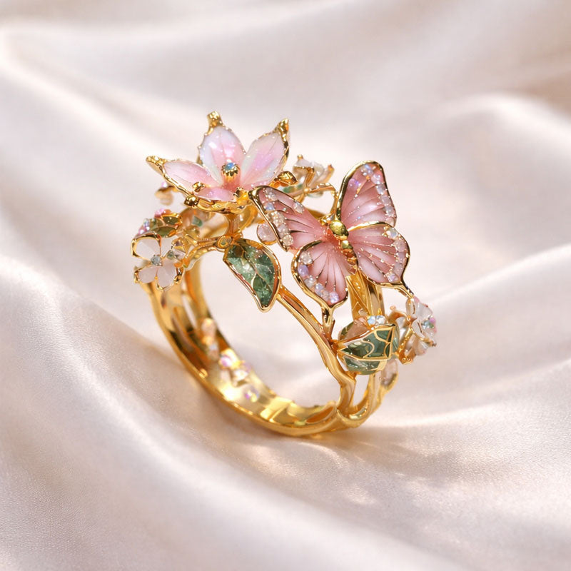 🌹🦋Åpen ring med sommerfugl og blomster – En nydelig og glitrende emaljering