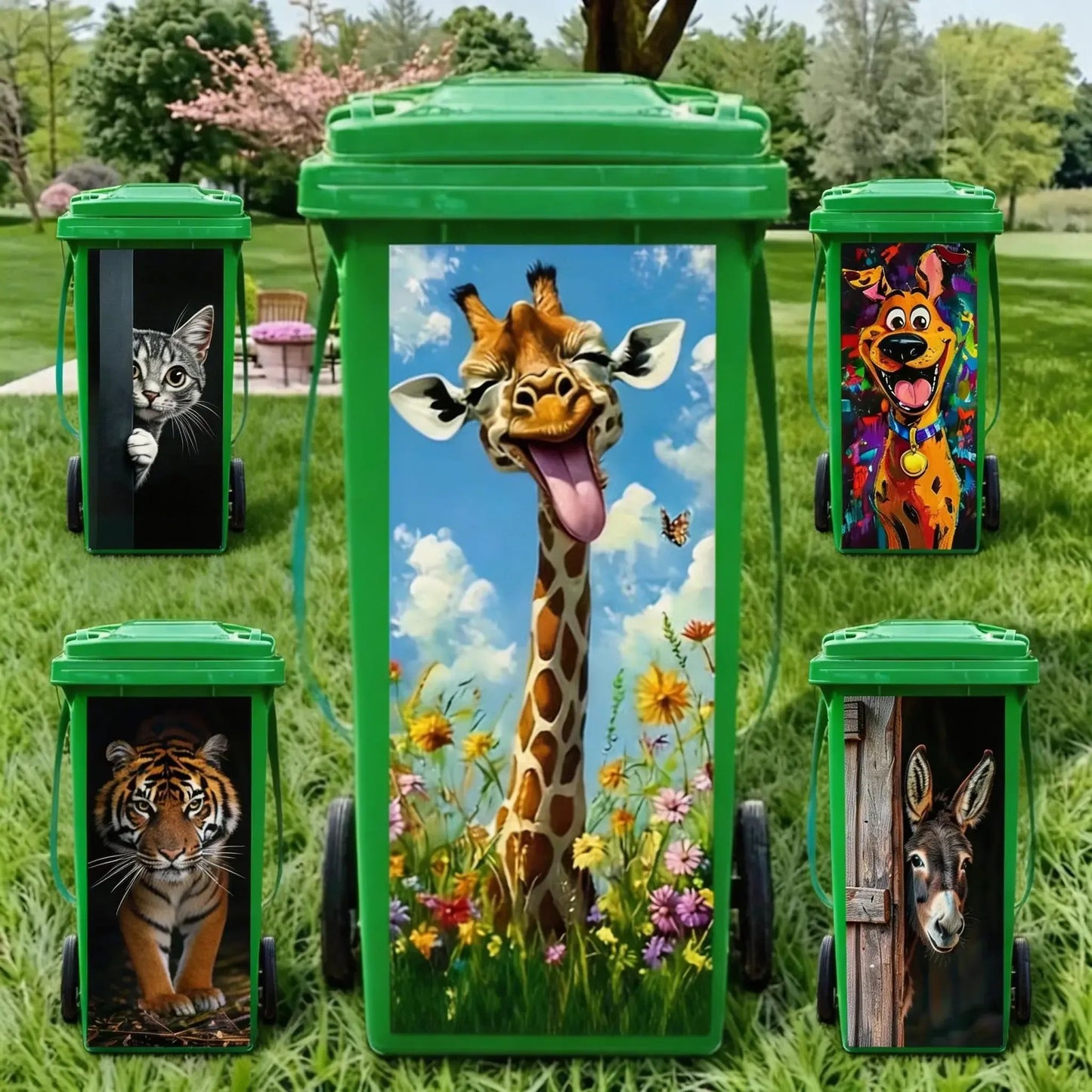 🦒🐯Kreativt søppelbøtteklistremerke med fargerik tegneserie✨