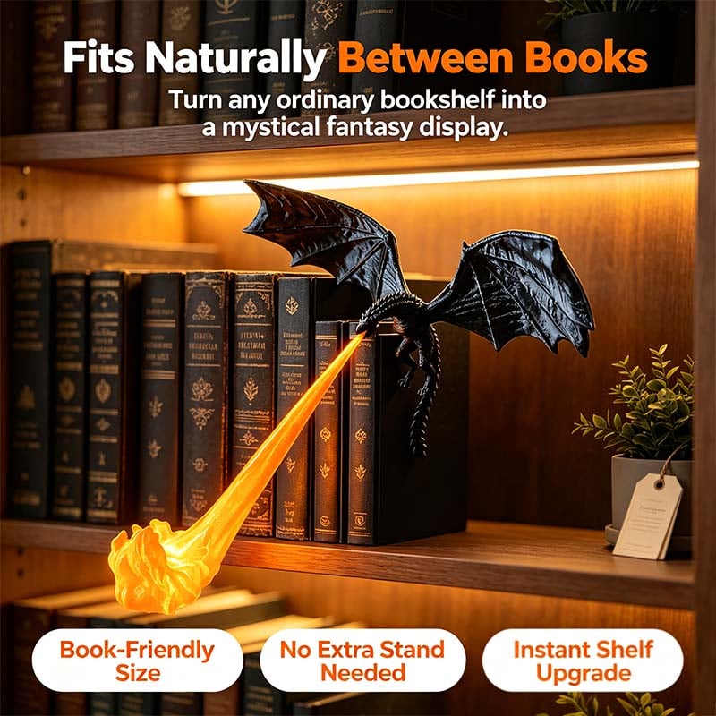 🐲🔥3D-printet opplyst drageflammebokkrok – Mystisk fantasibokhylledekor