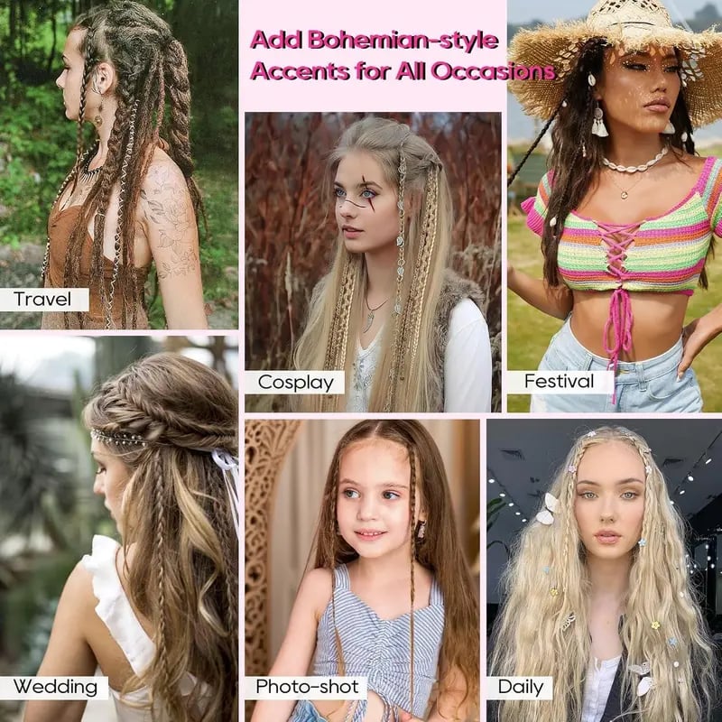 🌿🎨 Boho-flettede clip-in-fletter med perler – Enkel forvandling av frisyren til festivaler og hverdagsbruk (✨2 stk.)