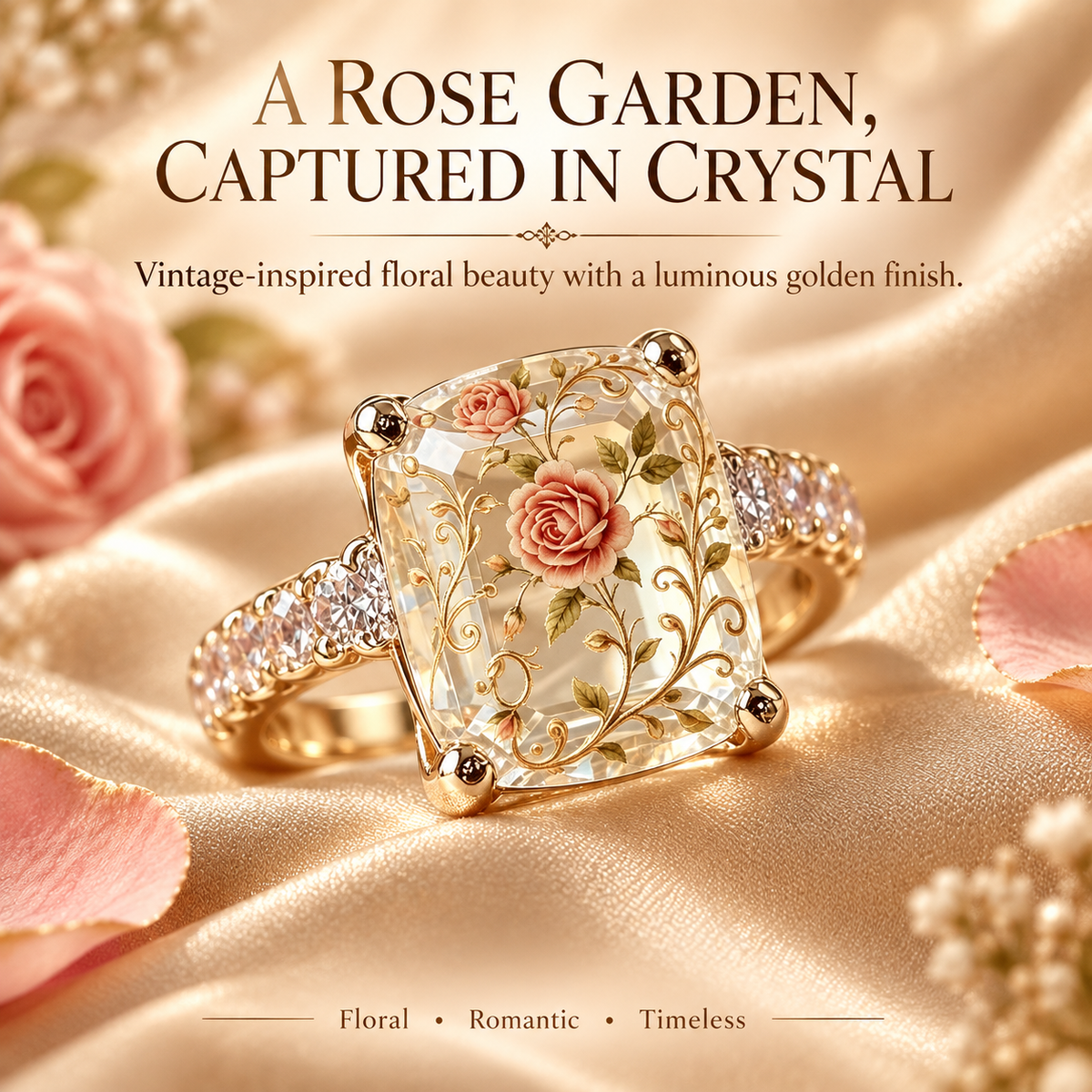🌹💫 Vintage-inspirert ring med blomstermotiv – gullfarget skinne 💍