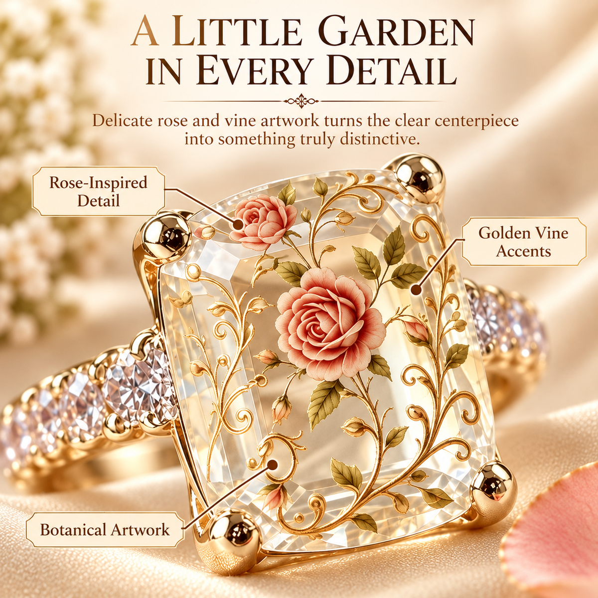 🌹💫 Vintage-inspirert ring med blomstermotiv – gullfarget skinne 💍