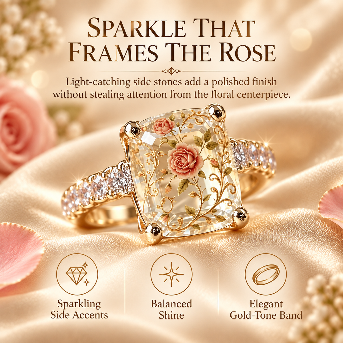 🌹💫 Vintage-inspirert ring med blomstermotiv – gullfarget skinne 💍