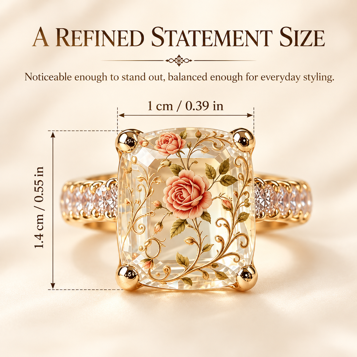 🌹💫 Vintage-inspirert ring med blomstermotiv – gullfarget skinne 💍