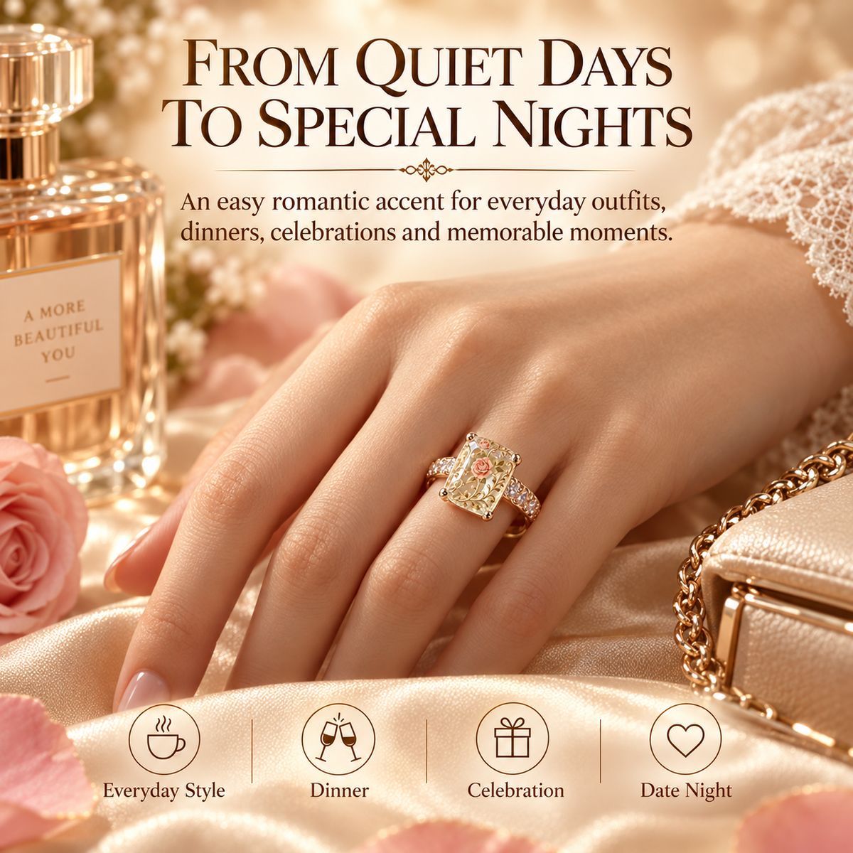 🌹💫 Vintage-inspirert ring med blomstermotiv – gullfarget skinne 💍