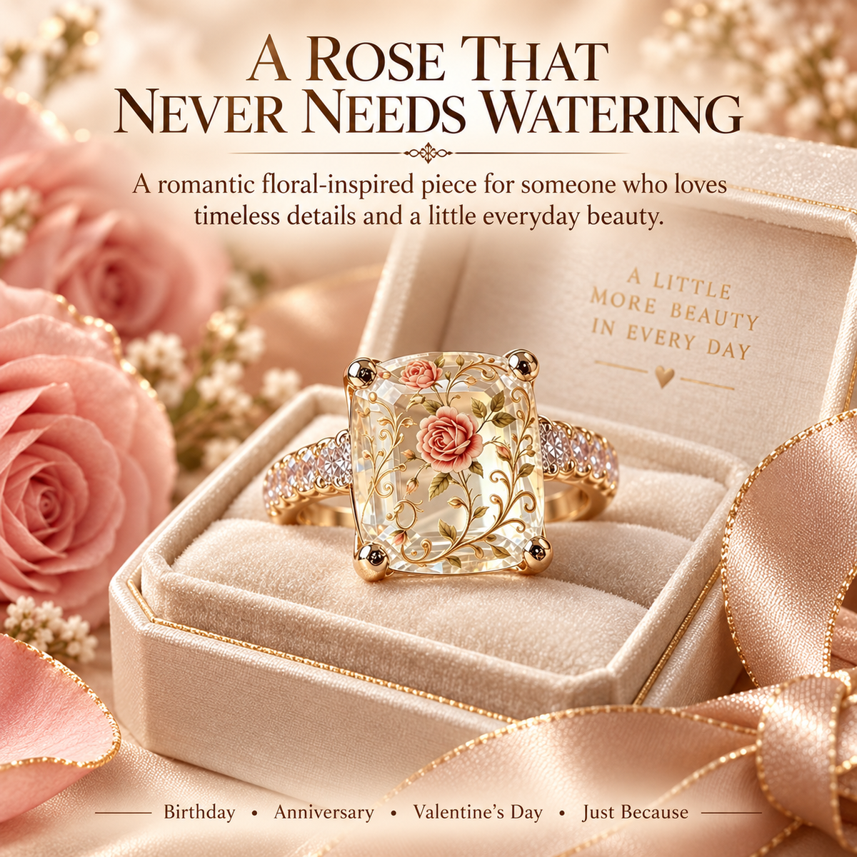 🌹💫 Vintage-inspirert ring med blomstermotiv – gullfarget skinne 💍