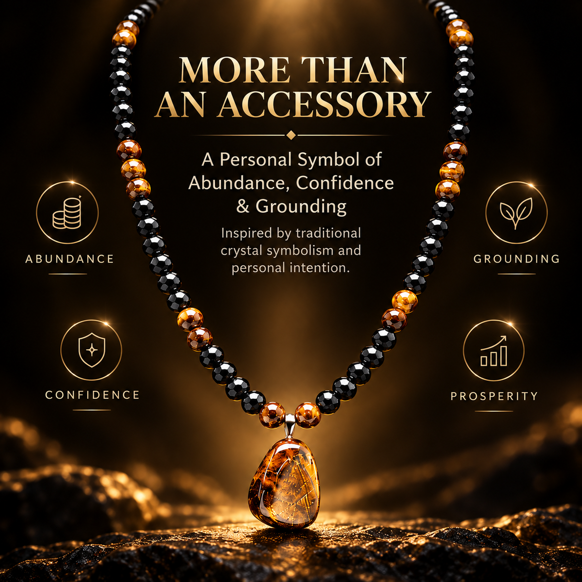 🐅🖤Halskjede med anheng av tigerøye og svarte perler