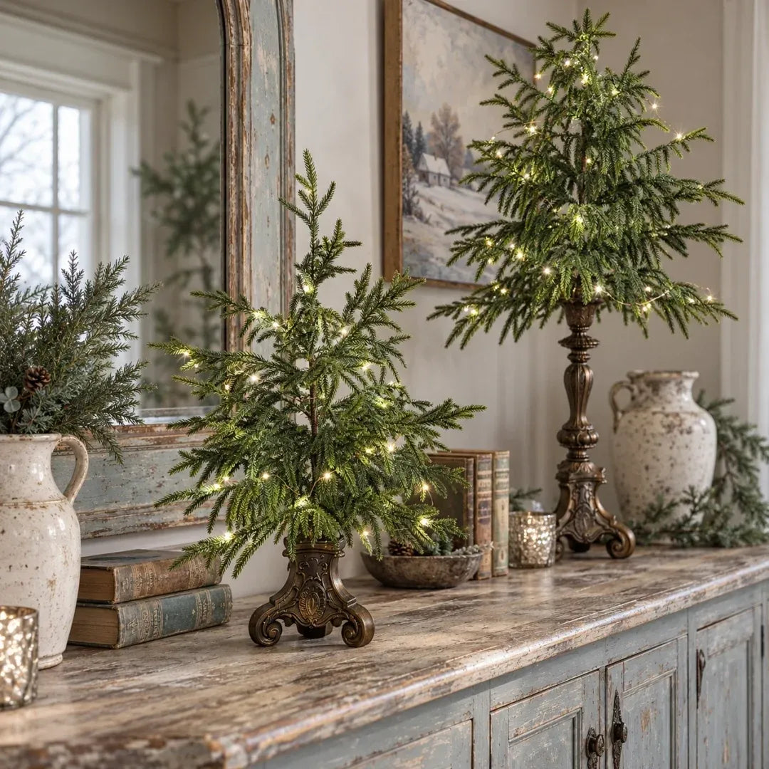🌲✨Opplyste Norfolk-furu-trær i vintagestil