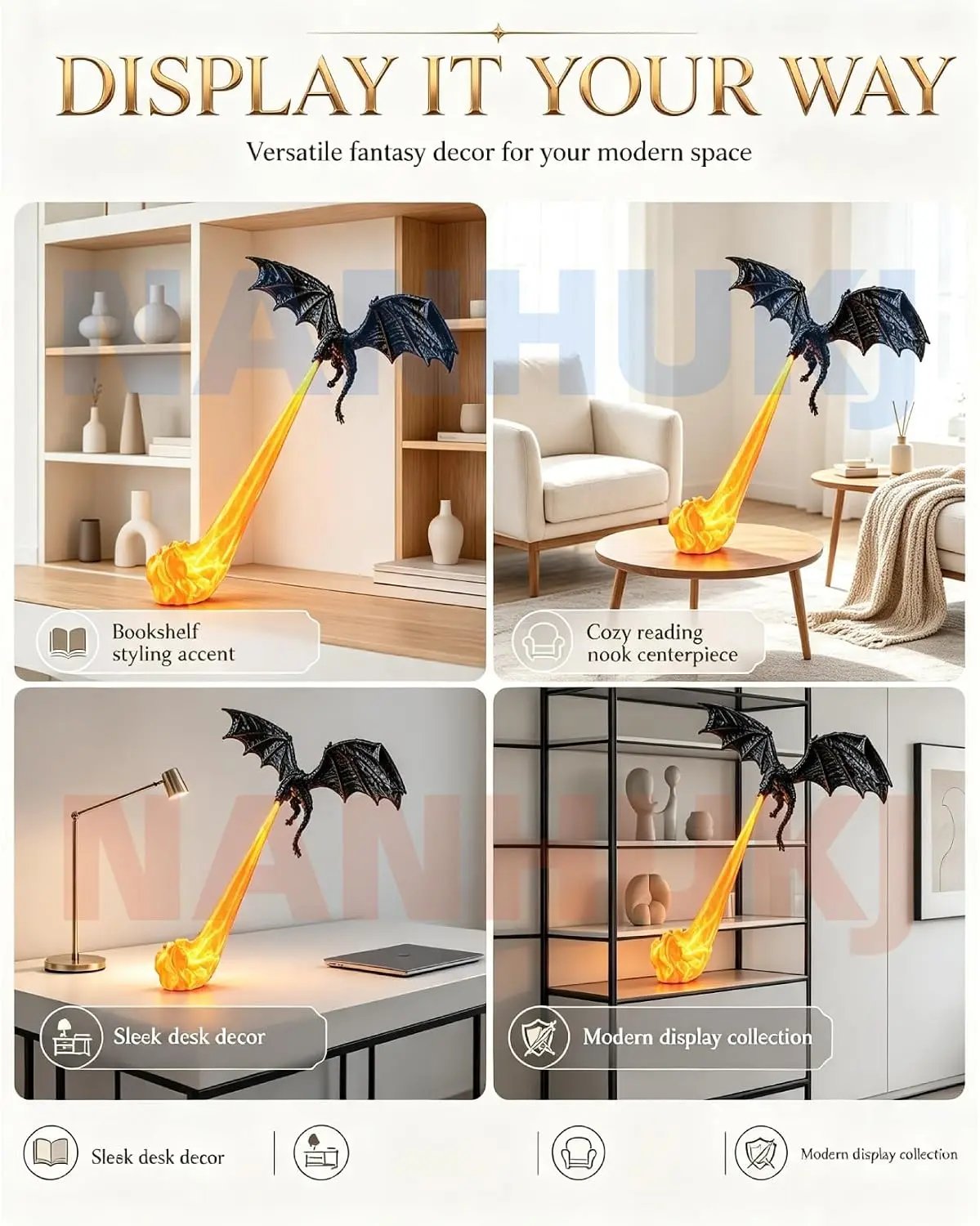 🐲🔥3D-printet opplyst drageflammebokkrok – Mystisk fantasibokhylledekor