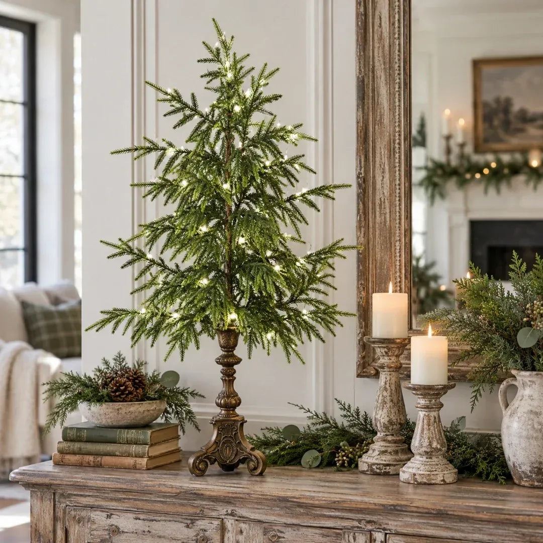 🌲✨Opplyste Norfolk-furu-trær i vintagestil