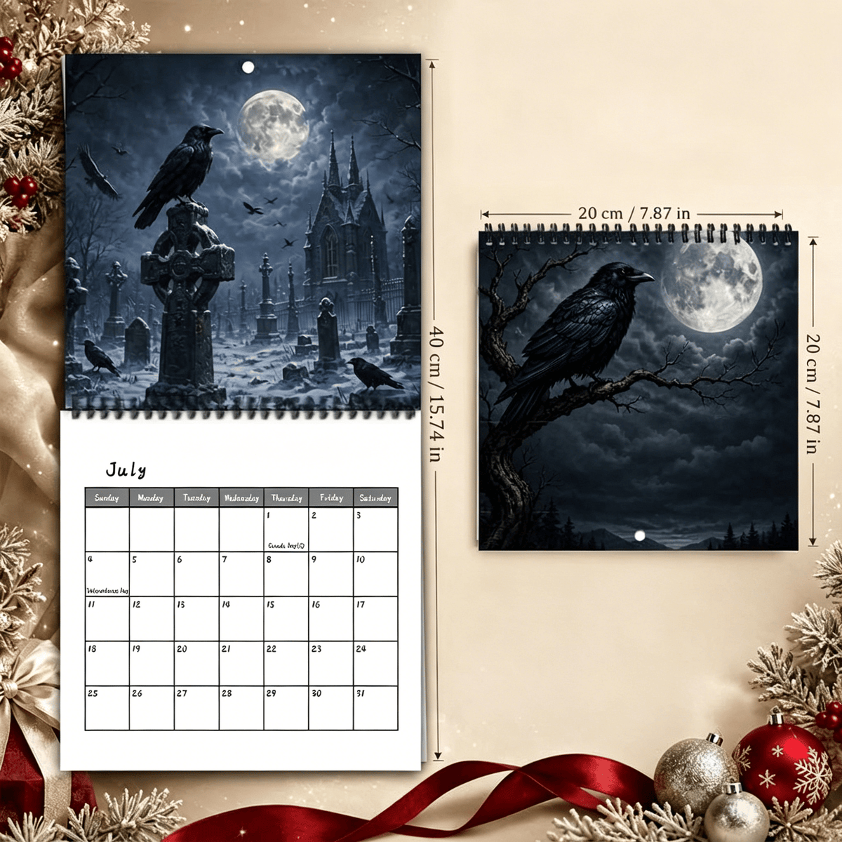 🐦‍⬛Veggkalender for 2027 med ravner og kråker – 12 måneder med gotisk kunst i måneskinn🖤