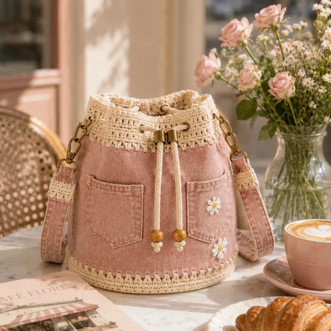 🔥Heit salg! 50 % rabatt!✨👜Håndlaget heklet denim-bøtteveske