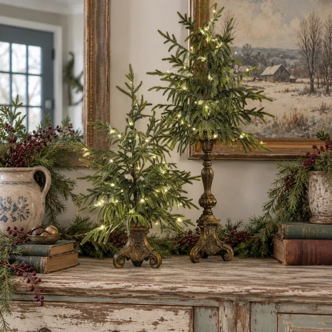 🌲✨Opplyste Norfolk-furu-trær i vintagestil