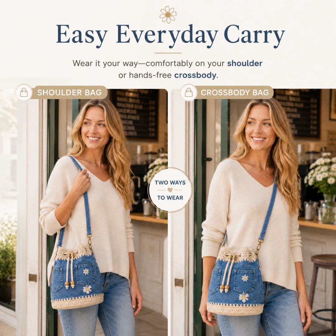 🔥Heit salg! 50 % rabatt!✨👜Håndlaget heklet denim-bøtteveske