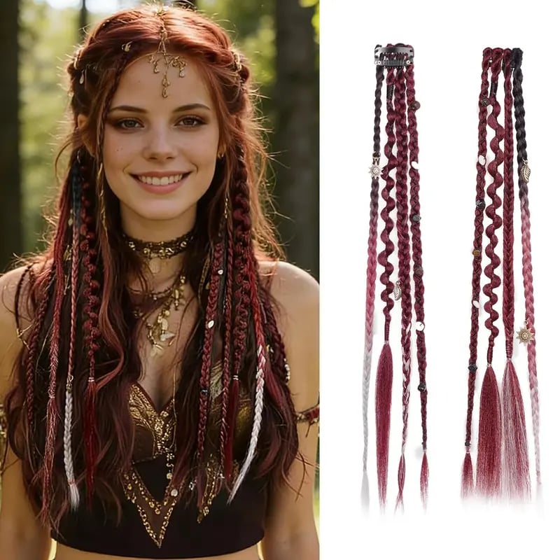 🌿🎨 Boho-flettede clip-in-fletter med perler – Enkel forvandling av frisyren til festivaler og hverdagsbruk (✨2 stk.)