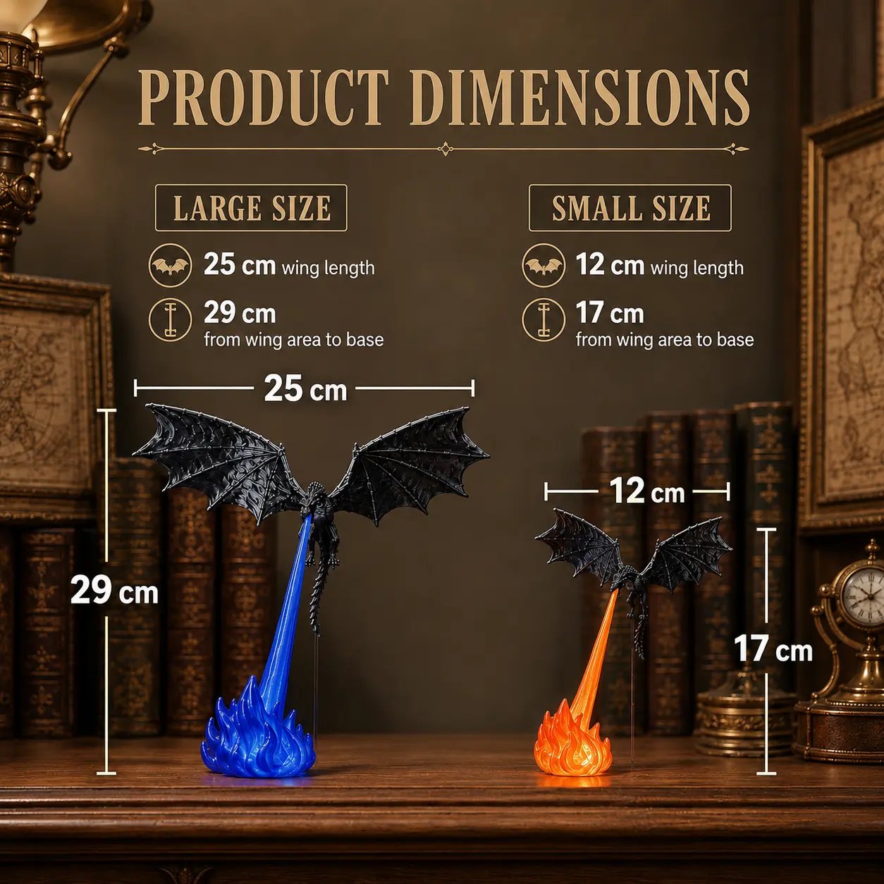 🐲🔥3D-printet opplyst drageflammebokkrok – Mystisk fantasibokhylledekor