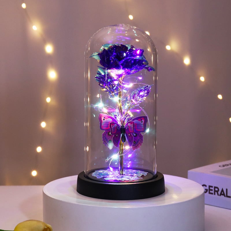 🔥Siste dag 49 % rabatt – 🌹Evig sommerfuglrose i glasskuppel med LED-belysning✨