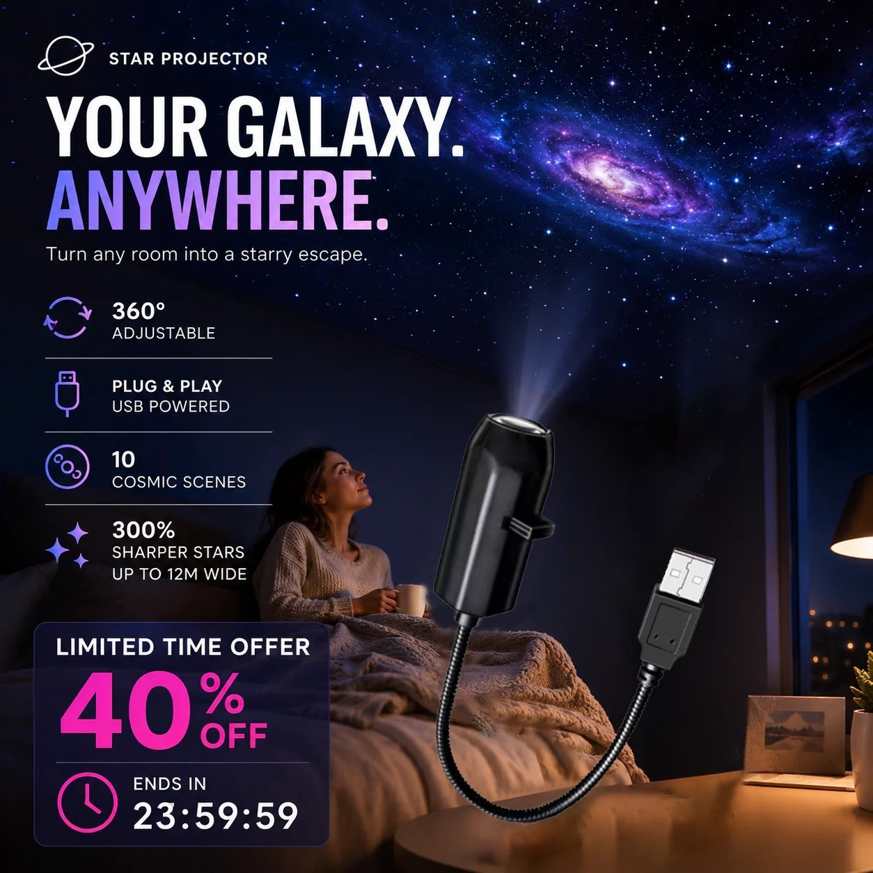 ✨Plug-and-play HD-stjernehimmelprojektor. 10 galakse-sommerfugl- og havmotiver
