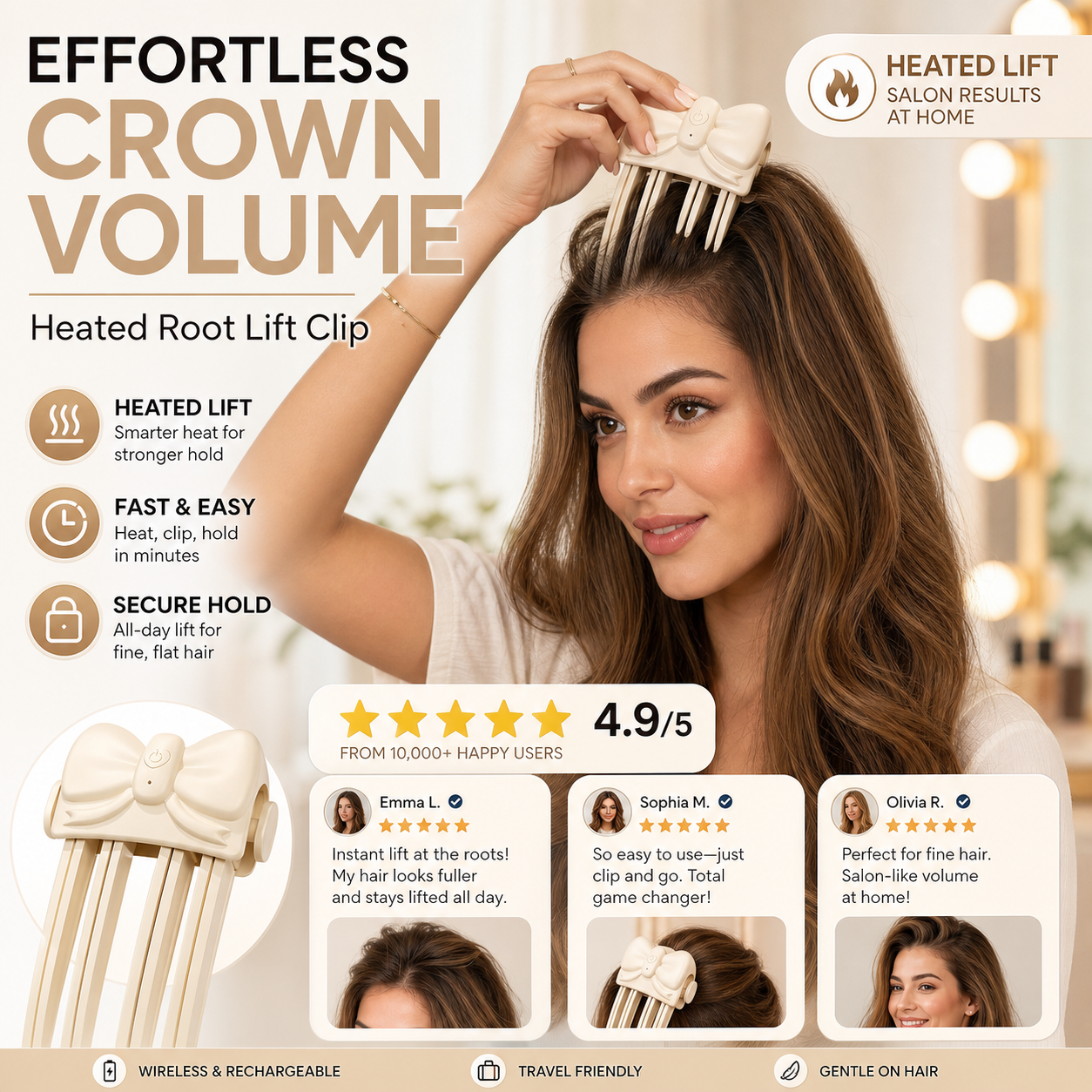 📢📢50 % RABATT!! ⏰Trådløs, oppvarmet, volumgivende rotløfteklips – Salong Crown Volum Stylingverktøy for fint, flatt hår