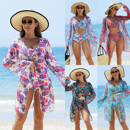 Modieus, meerkleurig 3-delig bikini-zwempak voor dames met print/Modieus meerkleurig bedrukt 3-delig bikinibadpak voor vrouwen