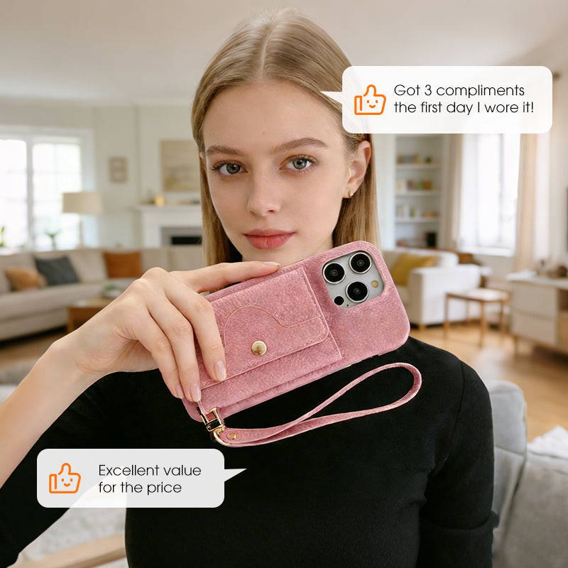 🔥Beskyttende rosa mobildeksel med speil og håndleddsstropp