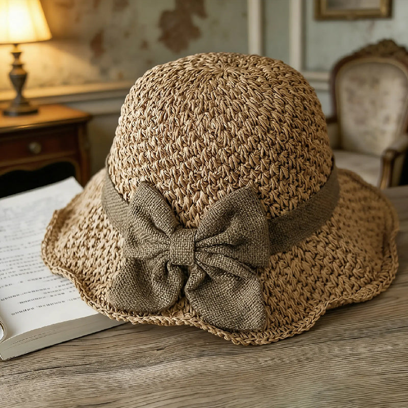 👒Stråhatt med retro sløyfe – sammenleggbar og luftig for sommere